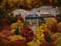 Crossing the bridge high above.